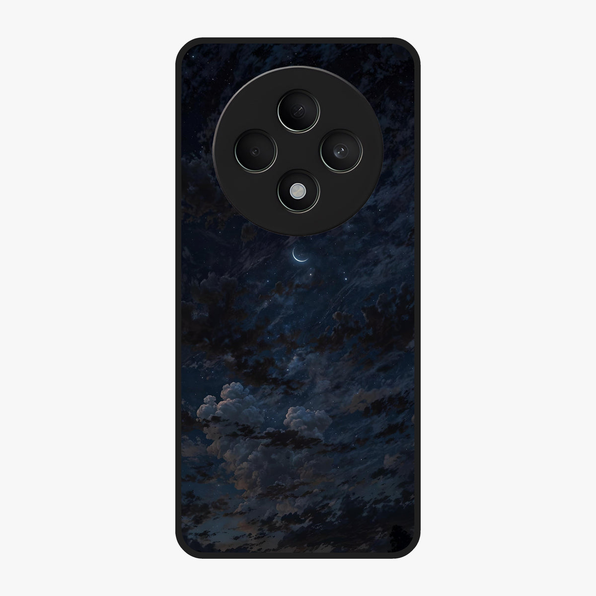 Lunar Veil Silence Glass Case showing flat back view with mystical moon veil artwork and glossy glass finish.