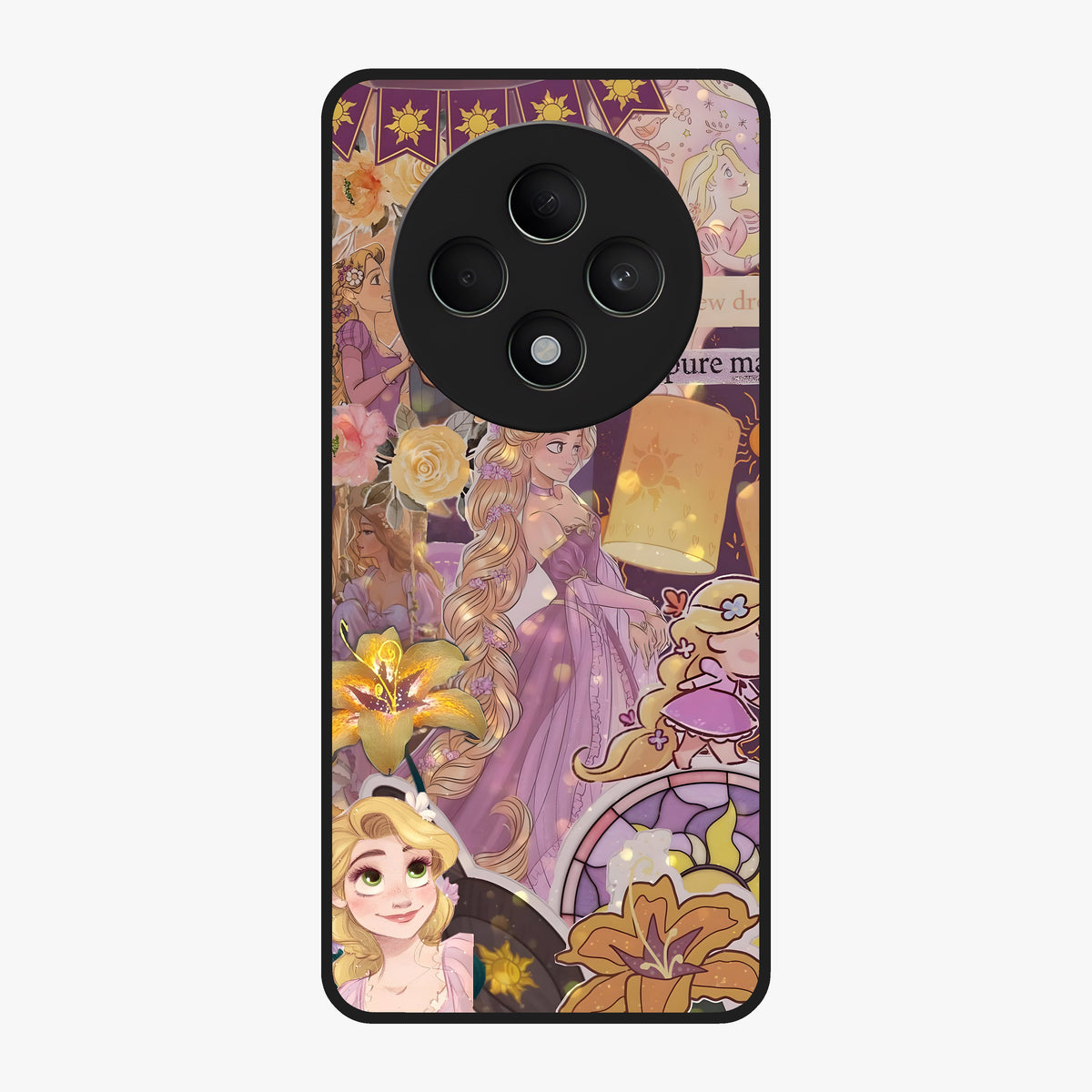 Magical Tangled Dream Glass Case showing flat back view with dreamy tangled artwork and glossy glass finish.