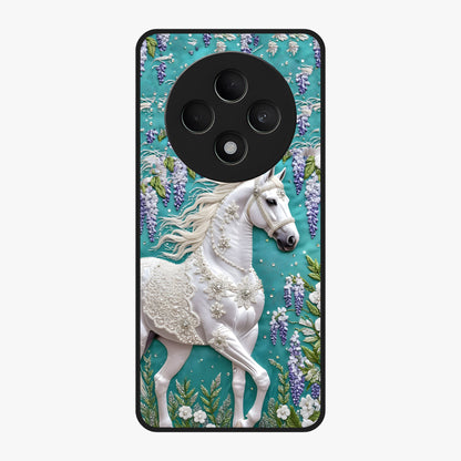 Majestic Floral Stallion Glass Case showing flat back view with powerful horse and floral artwork and glossy glass finish.