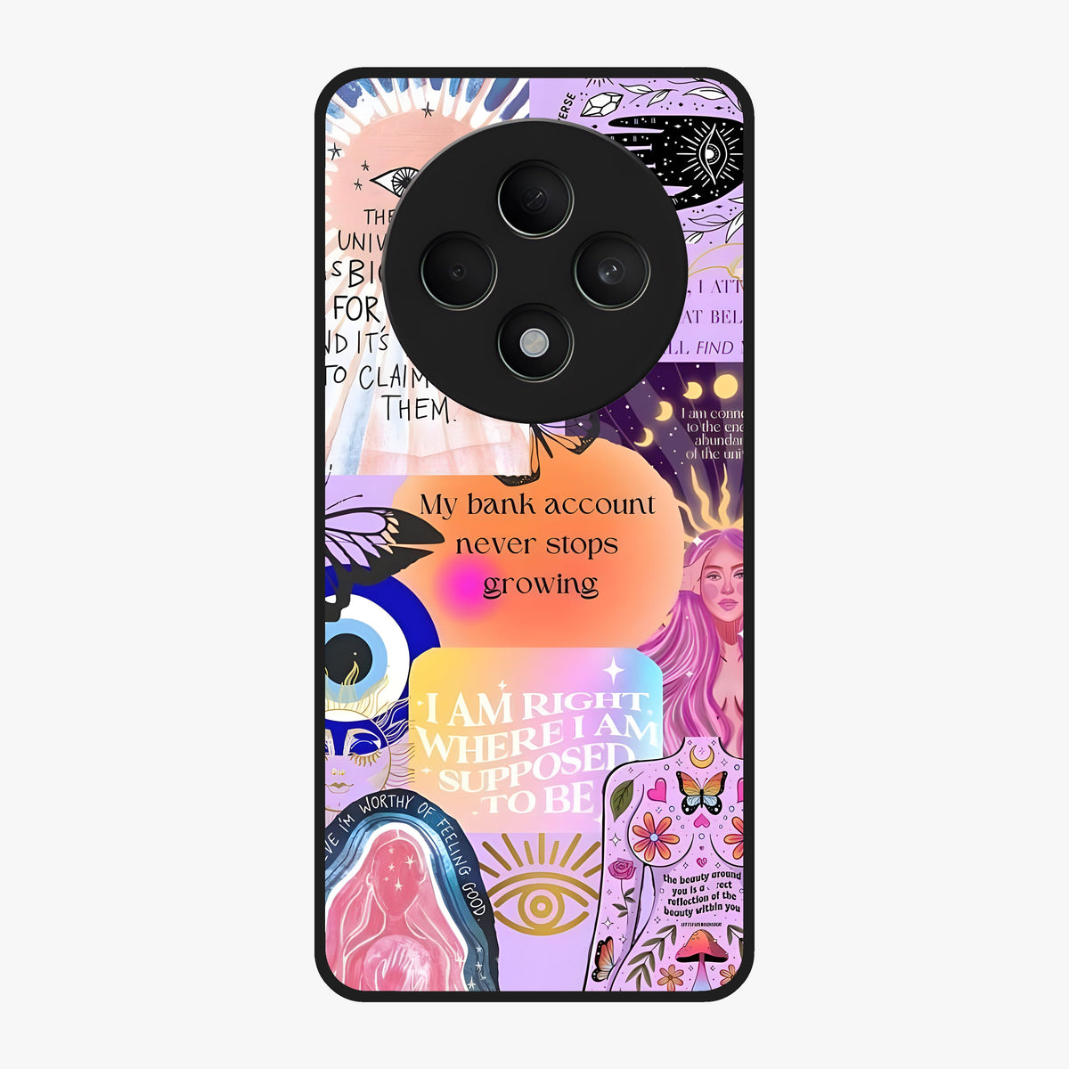 Manifestation Collage Glass Case showing flat back view with motivational collage artwork and glossy glass finish.
