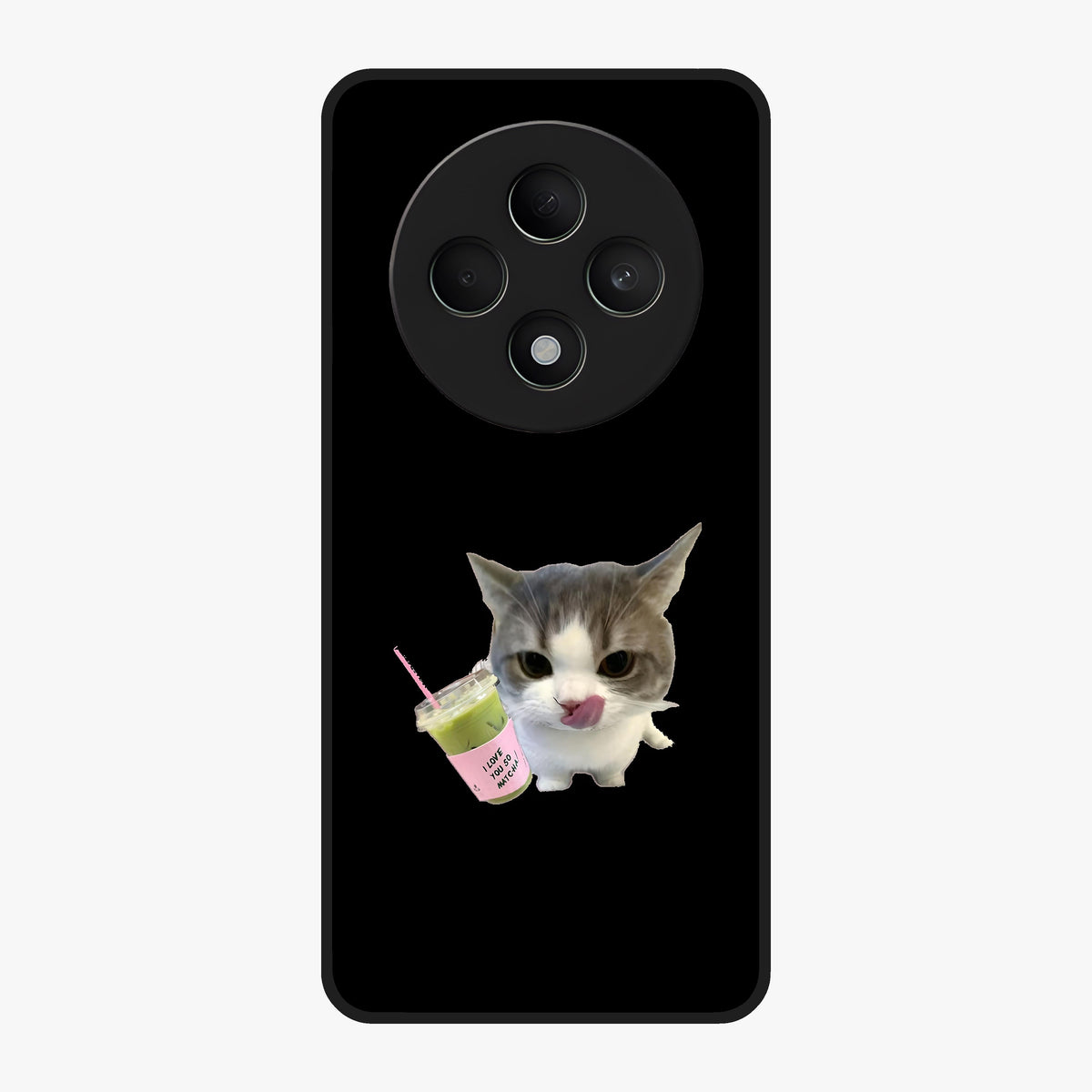 Matcha Cat Style Glass Case showing flat back view with cute matcha themed cat artwork and glossy glass finish.