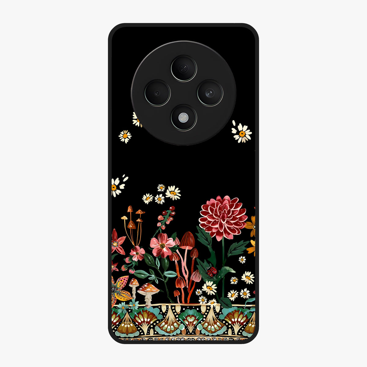 Midnight Bloom Pattern Glass Case showing flat back view with dark floral pattern artwork and glossy glass finish.