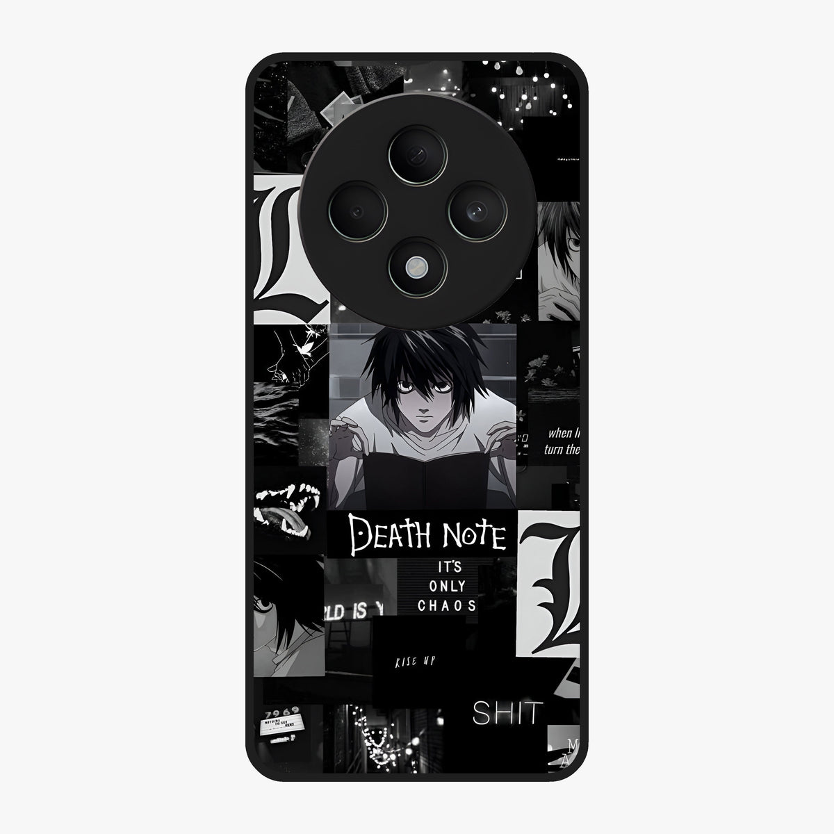 Midnight Chaos Mind Glass Case showing flat back view with abstract dark themed artwork and glossy glass finish.