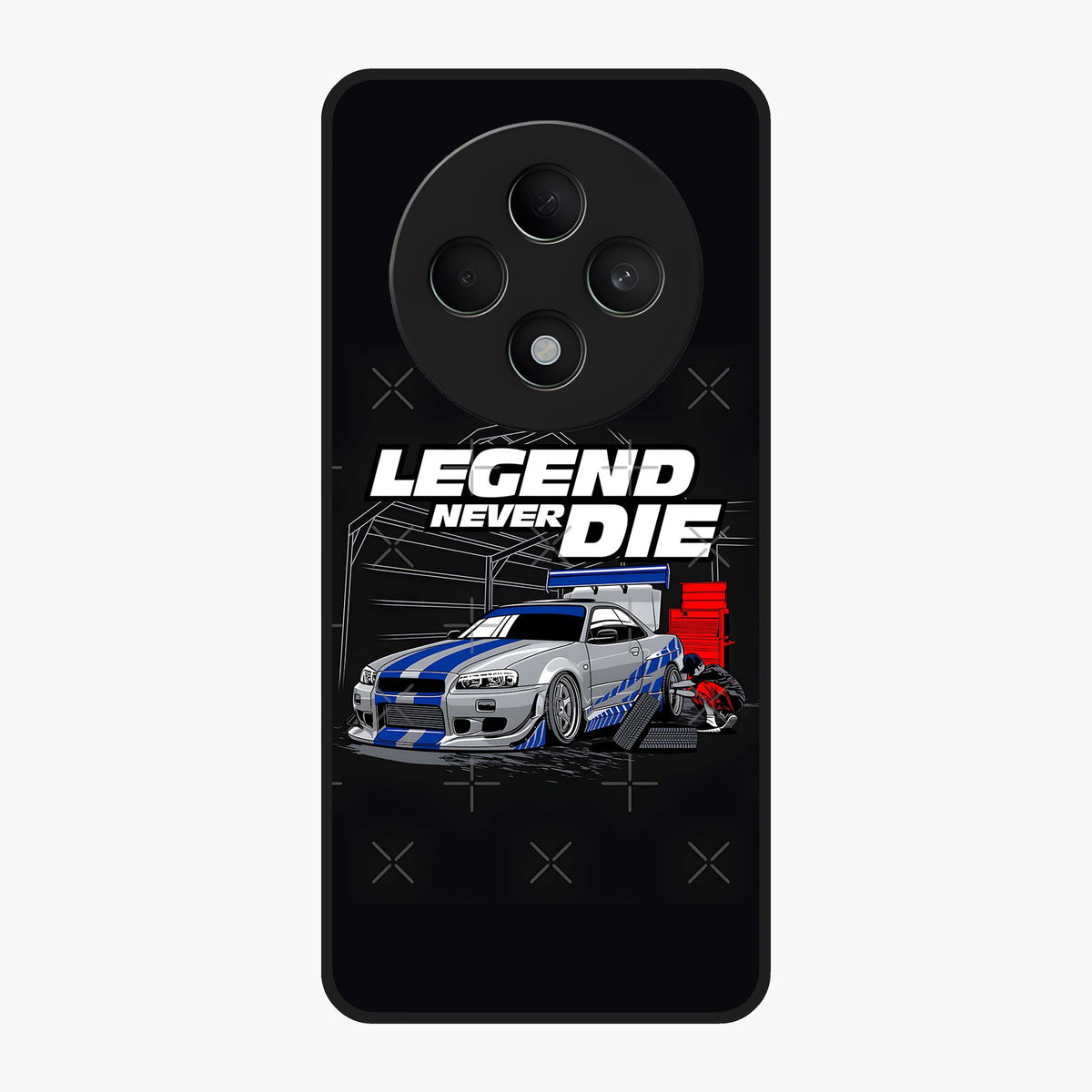 Midnight Racing Legacy Glass Case showing flat back view with sleek racing inspired artwork and glossy glass finish.