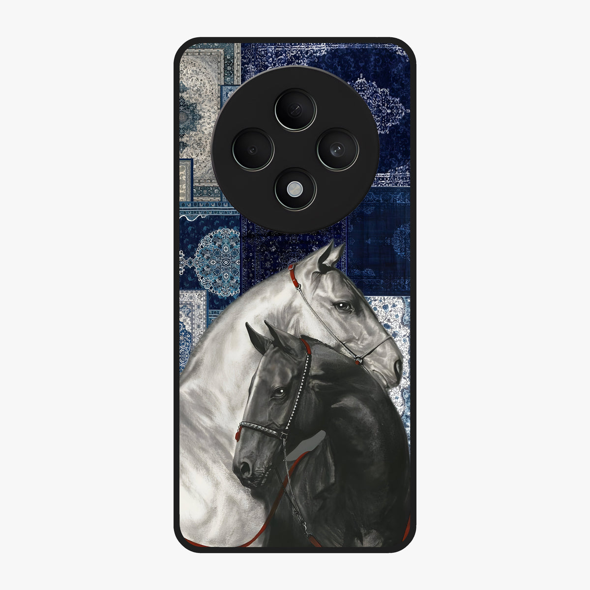 Midnight Stallion Blues Glass Case showing flat back view with majestic horse artwork and glossy glass finish.