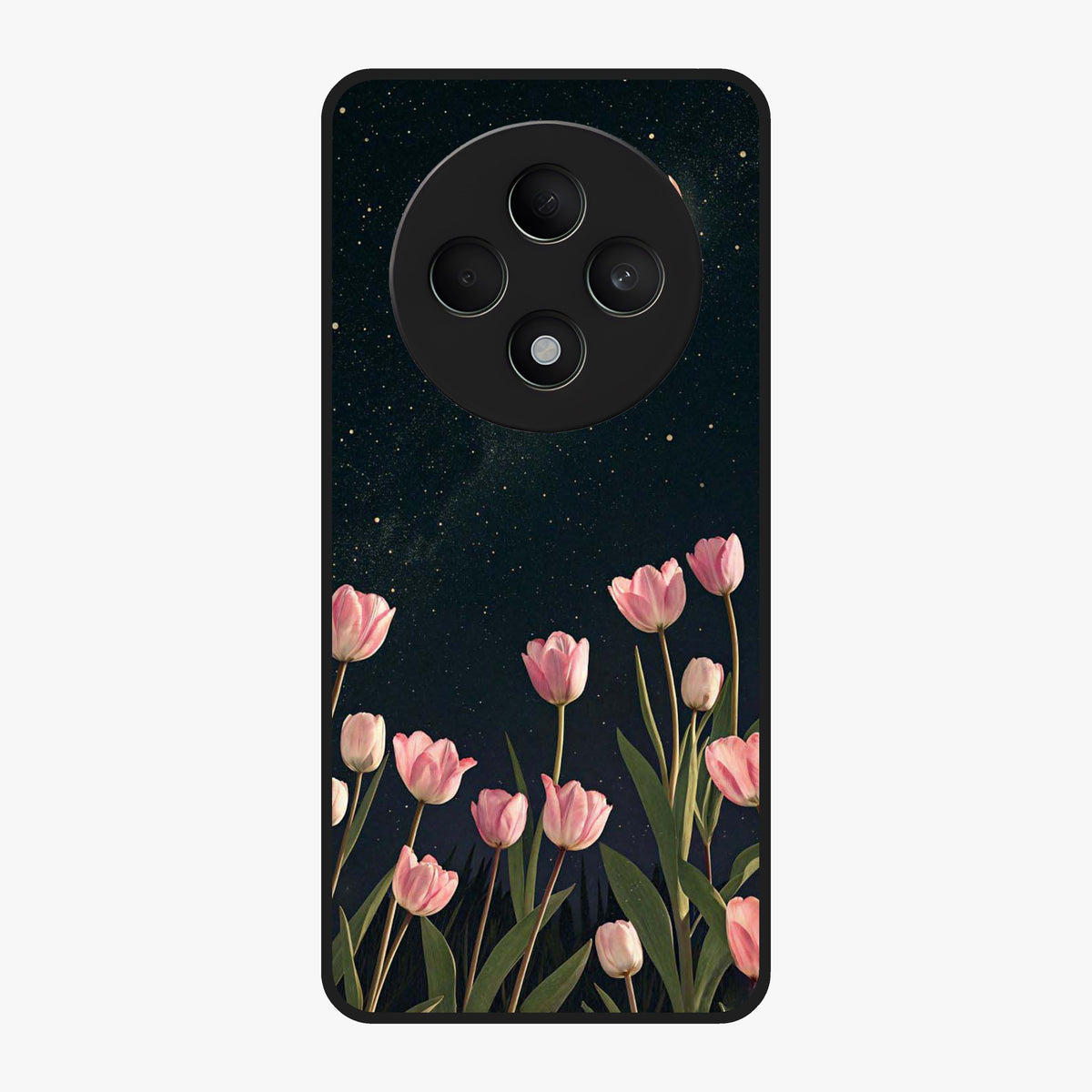 Midnight Tulip Whispers Vibe Glass Case showing flat back view with elegant tulip flower artwork and glossy glass finish.