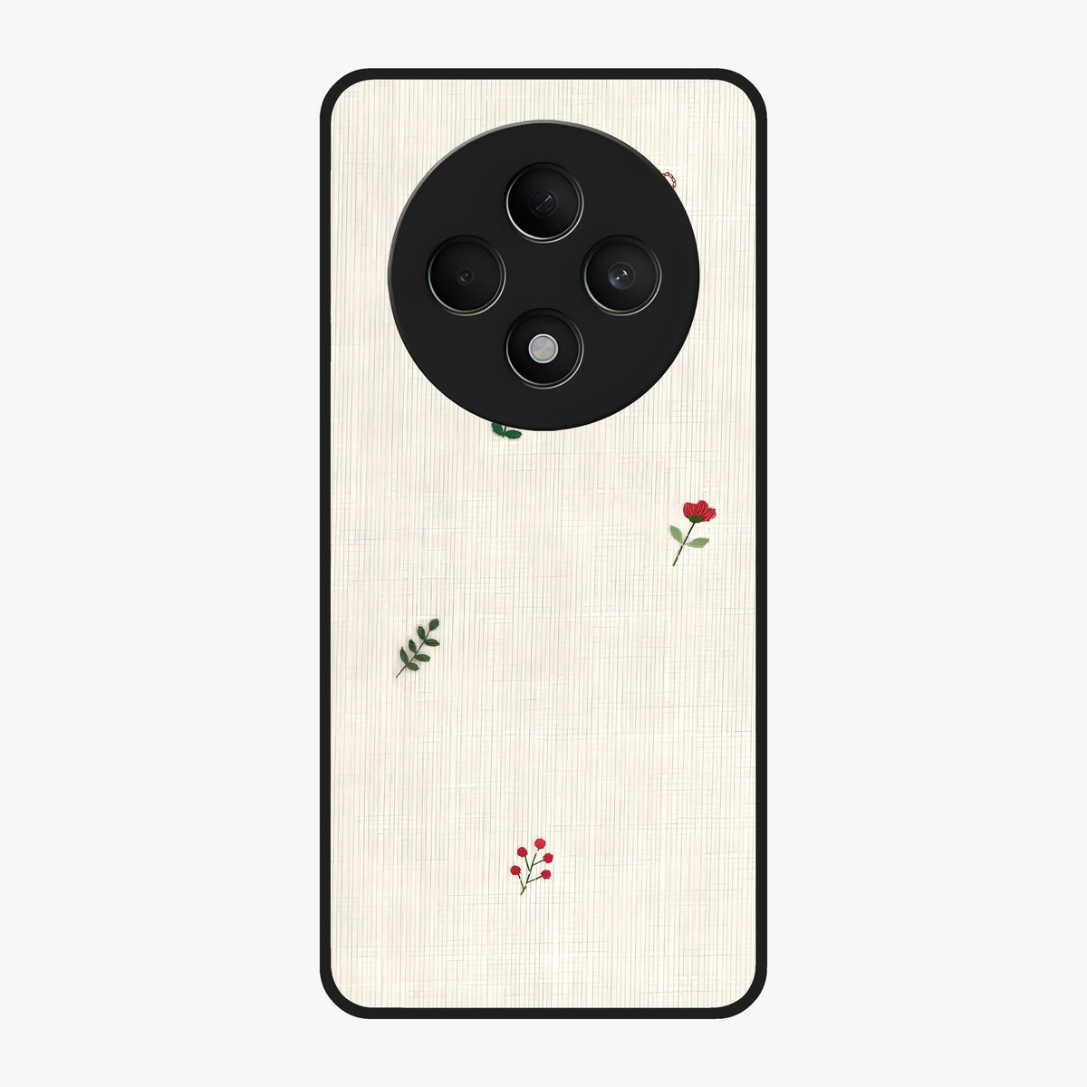 Minimal Petal Whispers Glass Case showing flat back view with soft minimal floral artwork and glossy glass finish.