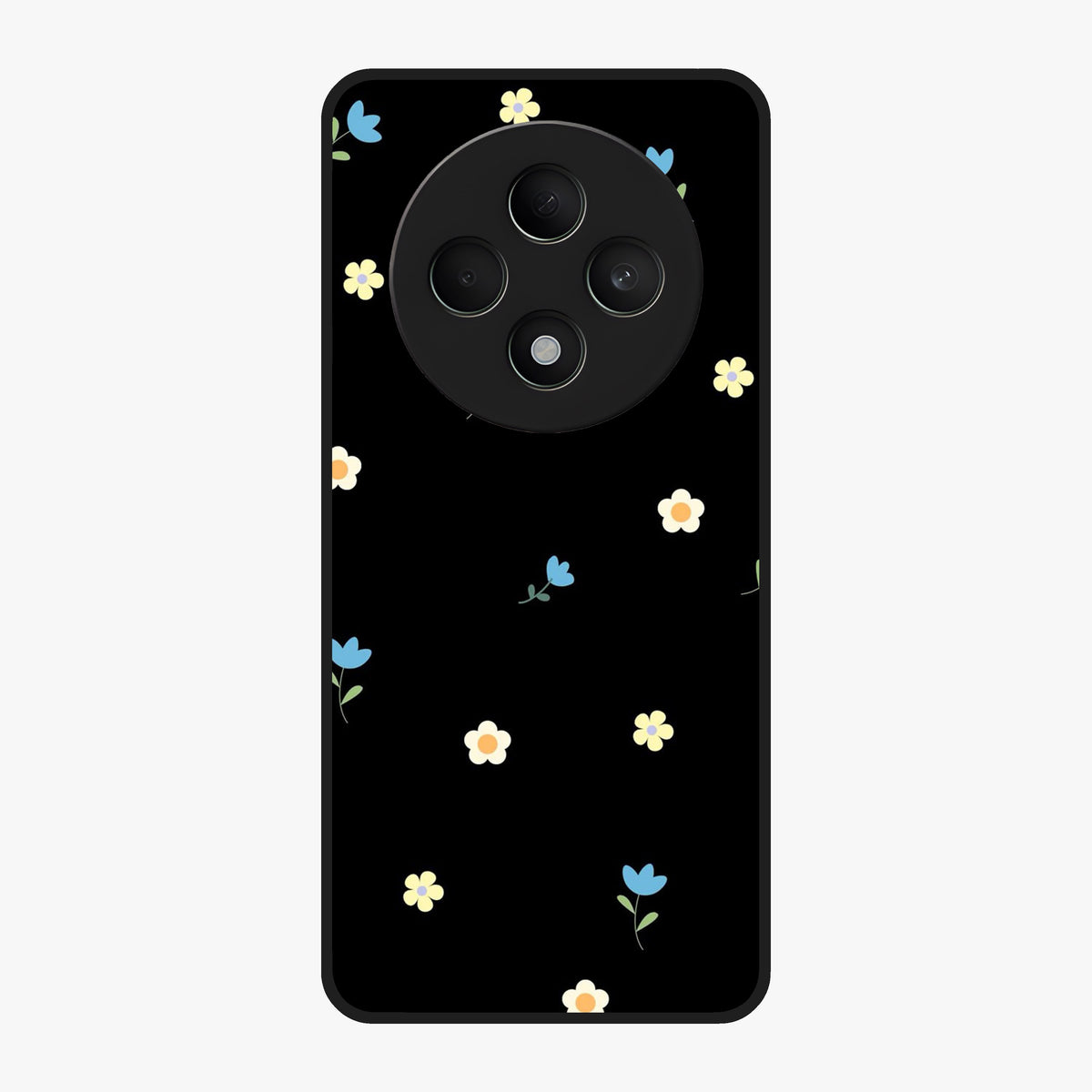 Minimalistic Blue With White Flower Pattern Glass Case showing flat back view with blue background and white flower pattern and glossy glass finish.