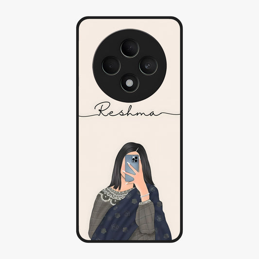 Mirror Mood Muse With Custom Name Glass Case showing flat back view with stylish mirrored artwork and personalized name design.