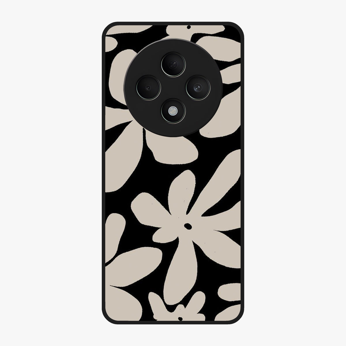 Monochrome Petal Dance Glass Case showing flat back view with monochrome floral artwork and glossy glass finish.