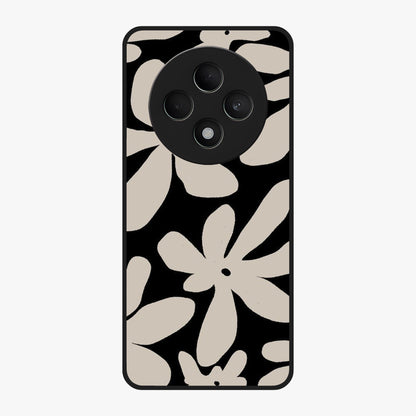 Monochrome Petal Dance Glass Case showing flat back view with monochrome floral artwork and glossy glass finish.