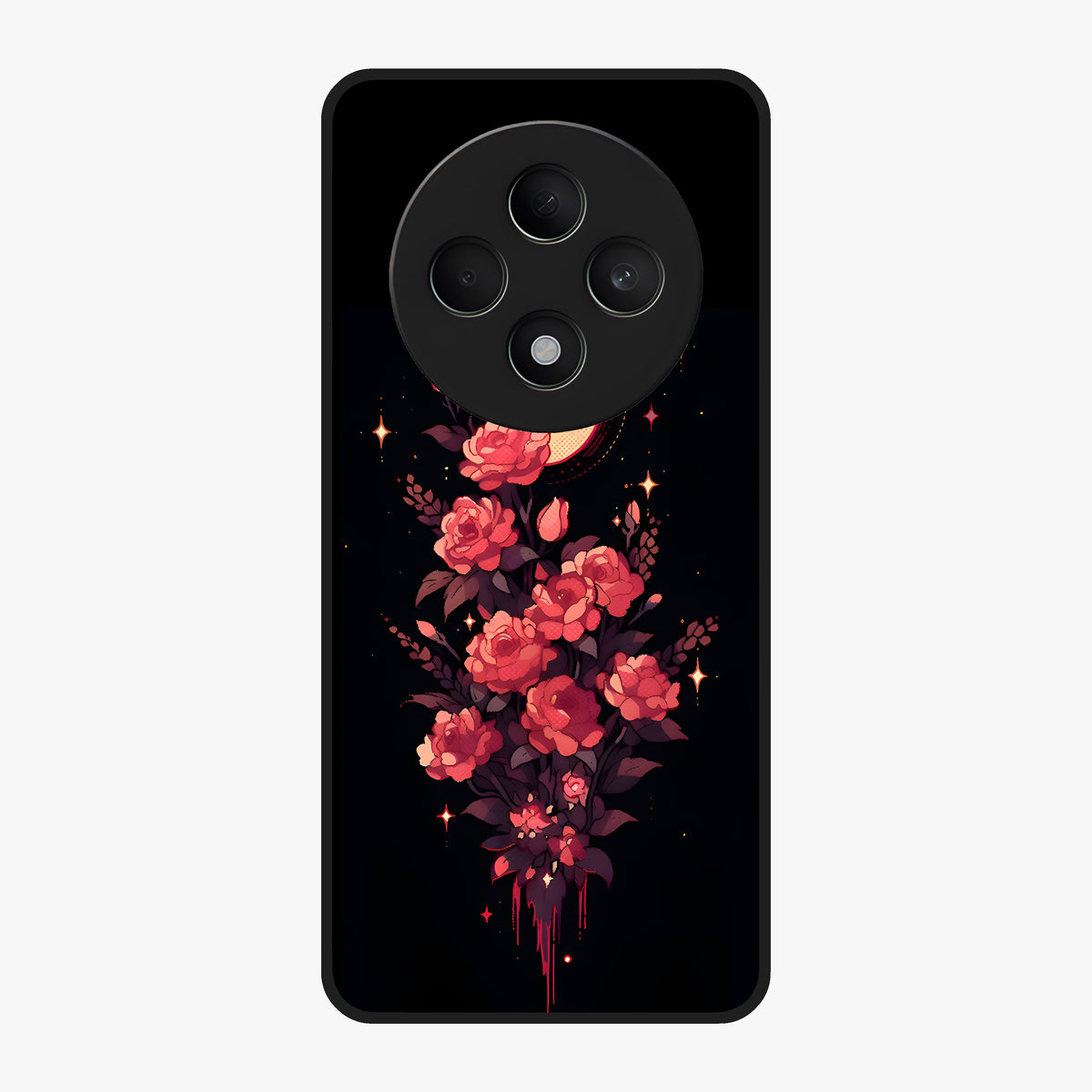 Moonlit Floral Elegance Glass Case showing flat back view with elegant floral artwork under moonlit tones and glossy glass finish.