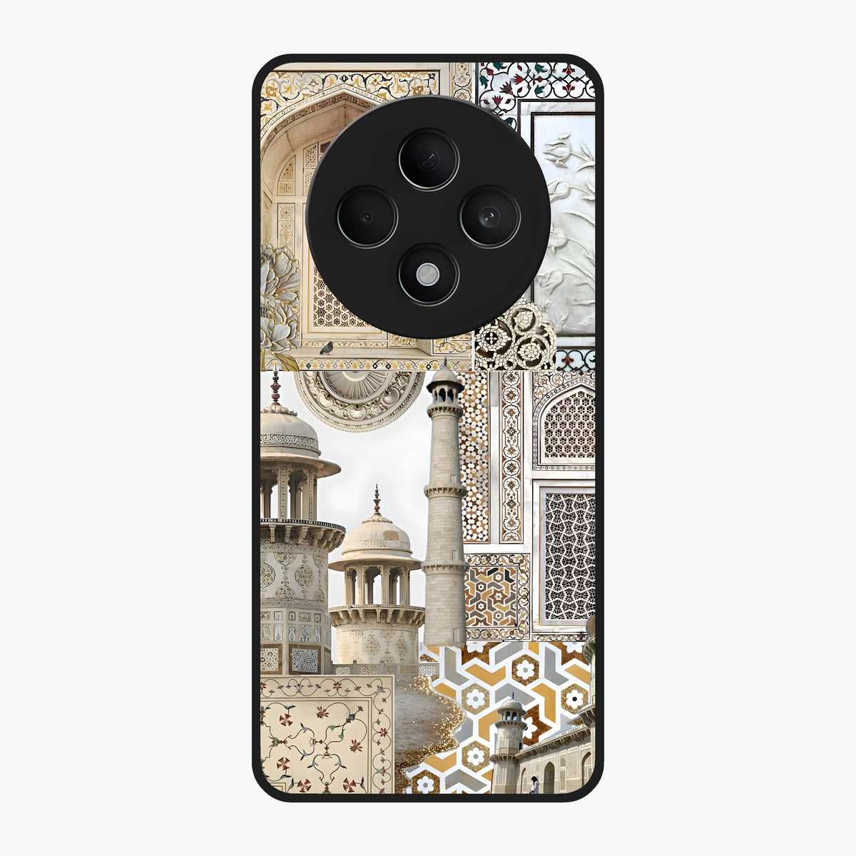 Mughal Marble Legacy Glass Case showing flat back view with intricate Mughal inspired marble pattern and glossy glass finish.