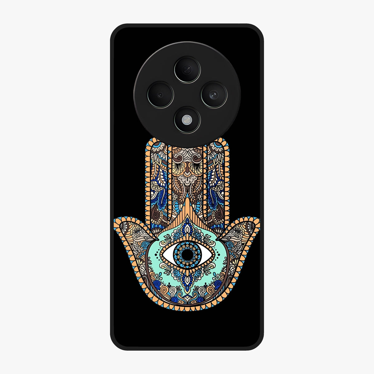 Mystic Hamsa Eye Glass Case showing flat back view with protective hamsa hand and evil eye artwork and glossy glass finish.