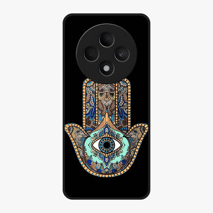 Mystic Hamsa Eye Glass Case showing flat back view with protective hamsa hand and evil eye artwork and glossy glass finish.