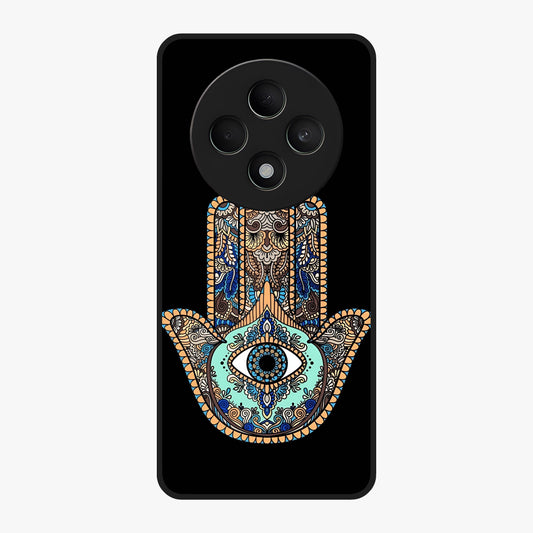 Mystic Hamsa Eye Glass Case showing flat back view with protective hamsa hand and evil eye artwork and glossy glass finish.
