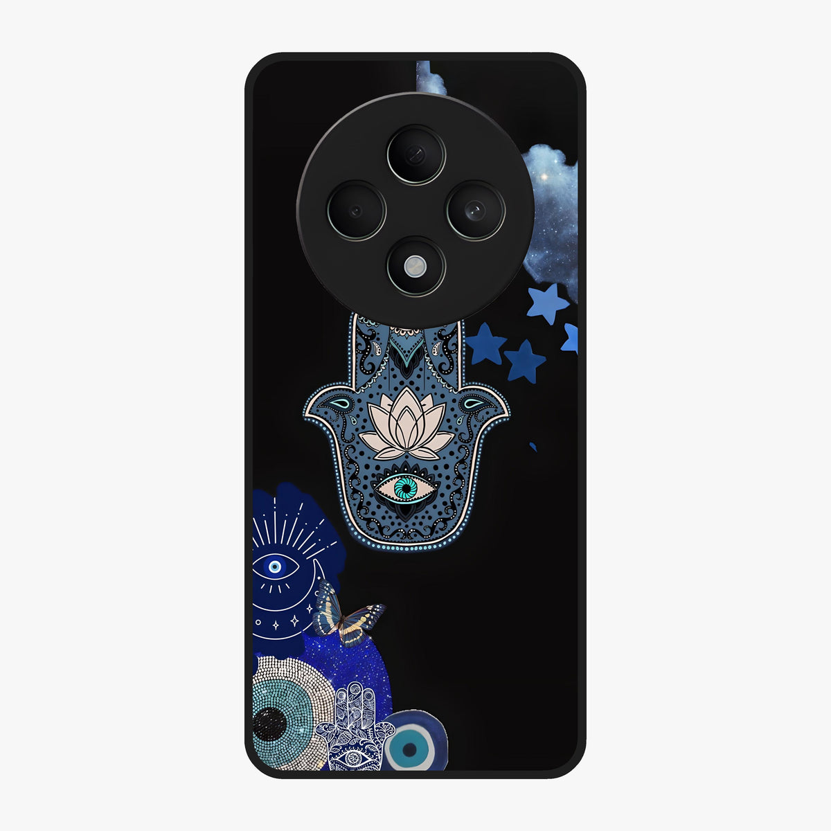 Mystic Hand Aura Glass Case showing flat back view with mystical hand symbol artwork and glossy glass finish.
