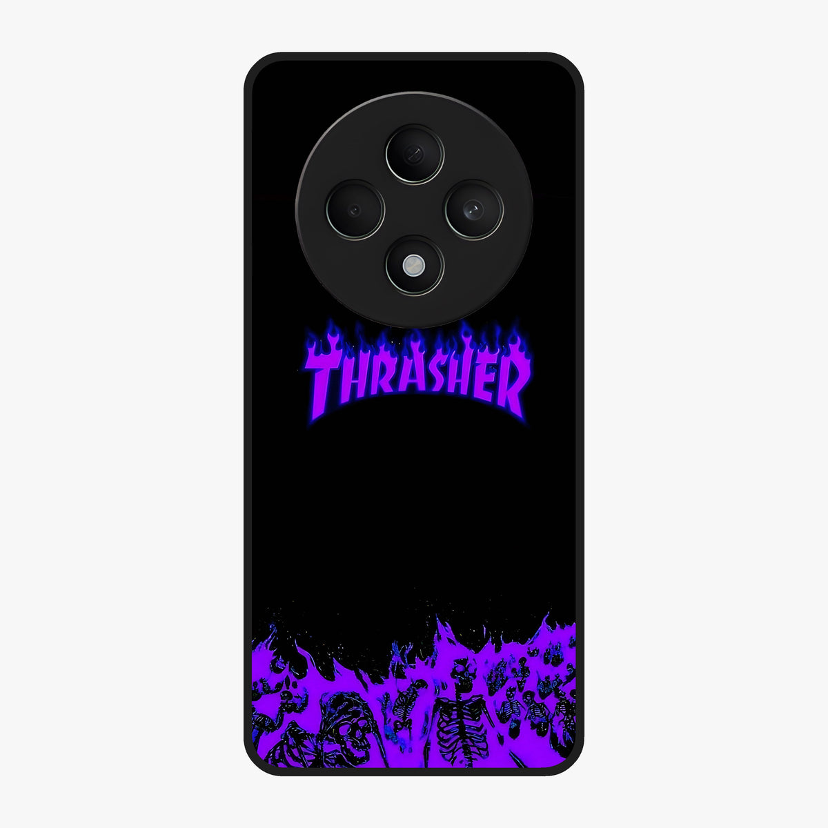 Neon Flame Riot Glass Case showing flat back view with neon flame artwork and glossy glass finish.