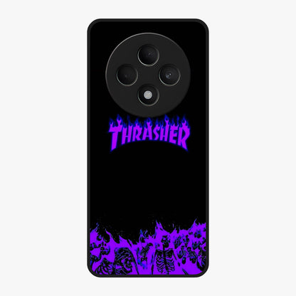 Neon Flame Riot Glass Case showing flat back view with neon flame artwork and glossy glass finish.