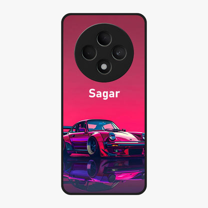 Neon Pink Porsche Glass Case showing flat back view with stylish sports car artwork and glossy glass finish.