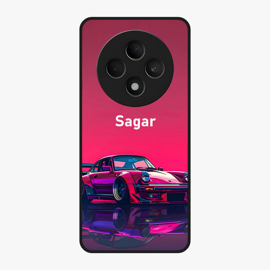 Neon Pink Porsche Glass Case showing flat back view with stylish sports car artwork and glossy glass finish.