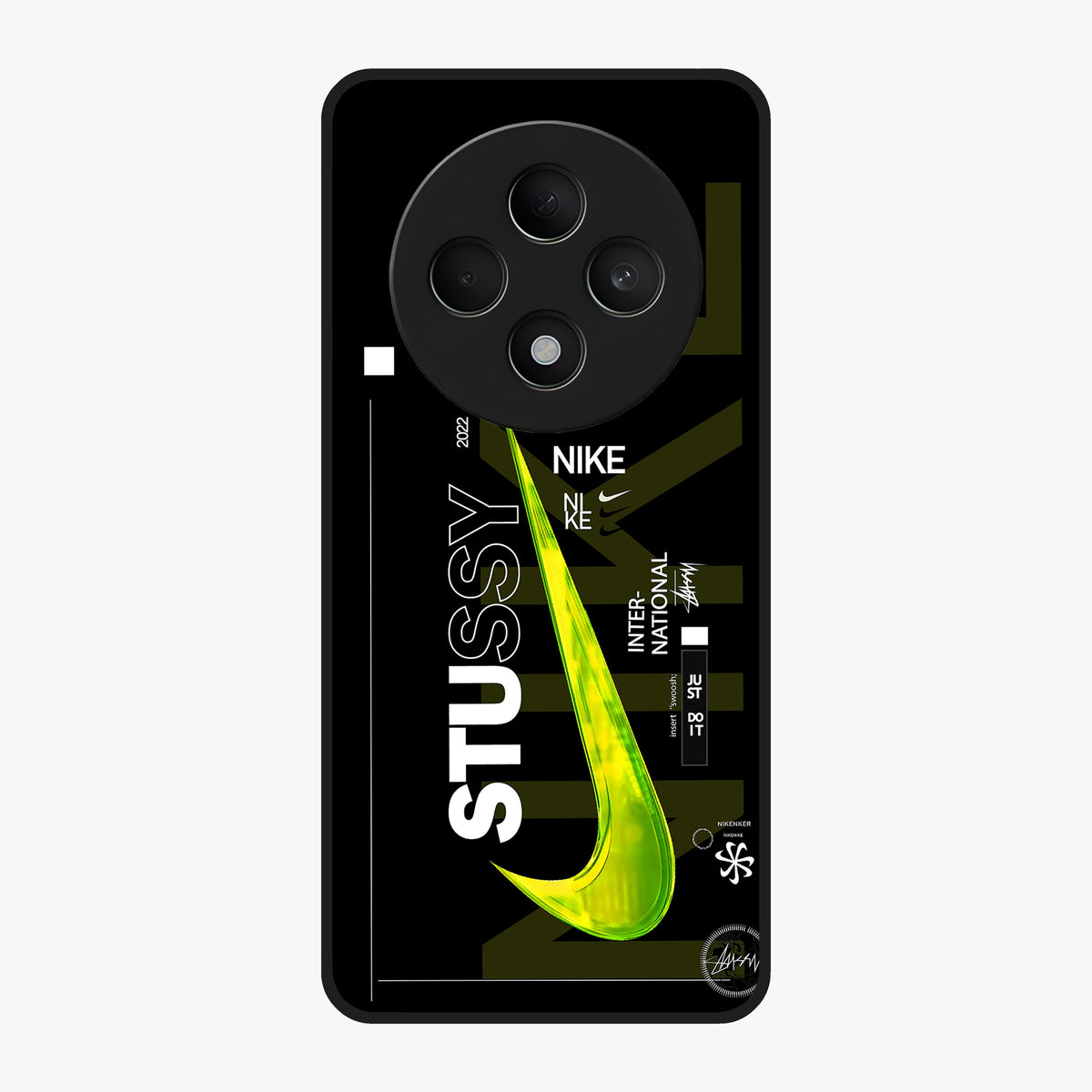 Neon Street Edition Glass Case showing flat back view with neon street style artwork and glossy glass finish.