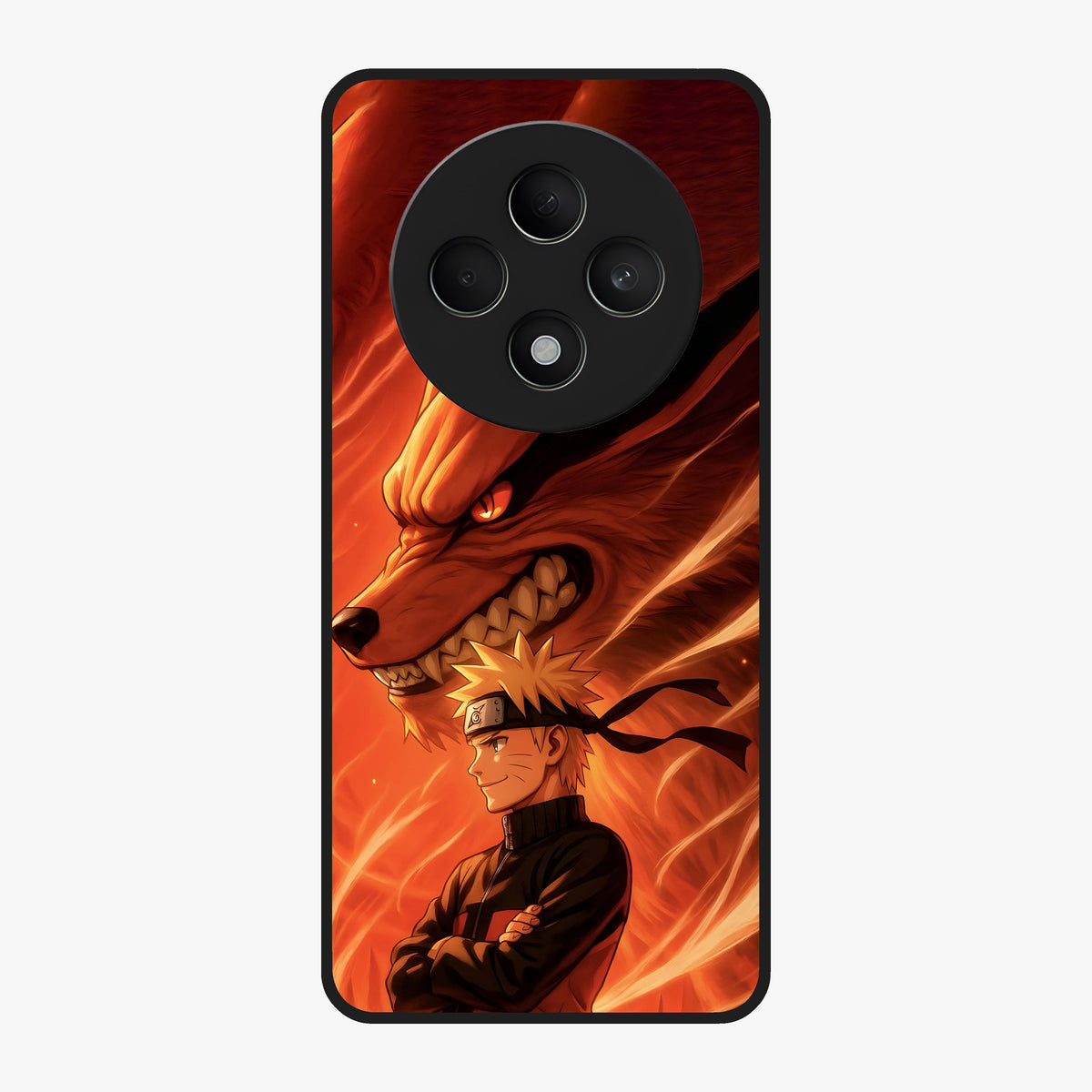 Nine Tails Legacy Glass Case showing flat back view with powerful nine-tailed fox inspired artwork and glossy glass finish.