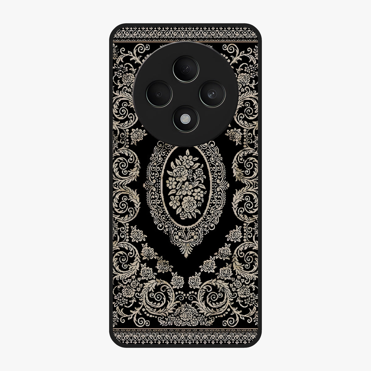 Noir Bloom Elegance Glass Case showing flat back view with elegant dark floral artwork and glossy glass finish.