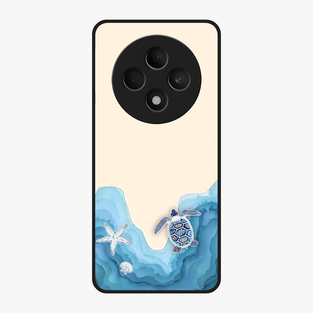 Ocean Drift Turtle Glass Case showing flat back view with sea turtle artwork and glossy glass finish.