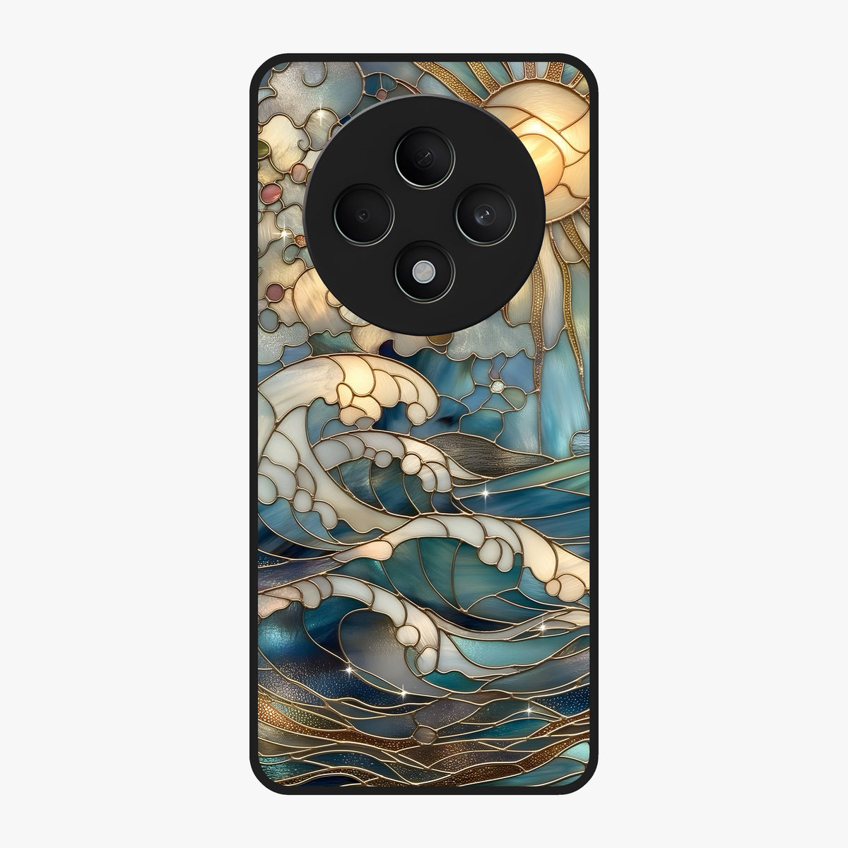 Oceanic Stained Printed Glass Case showing flat back view with ocean inspired stained pattern artwork and glossy glass finish.