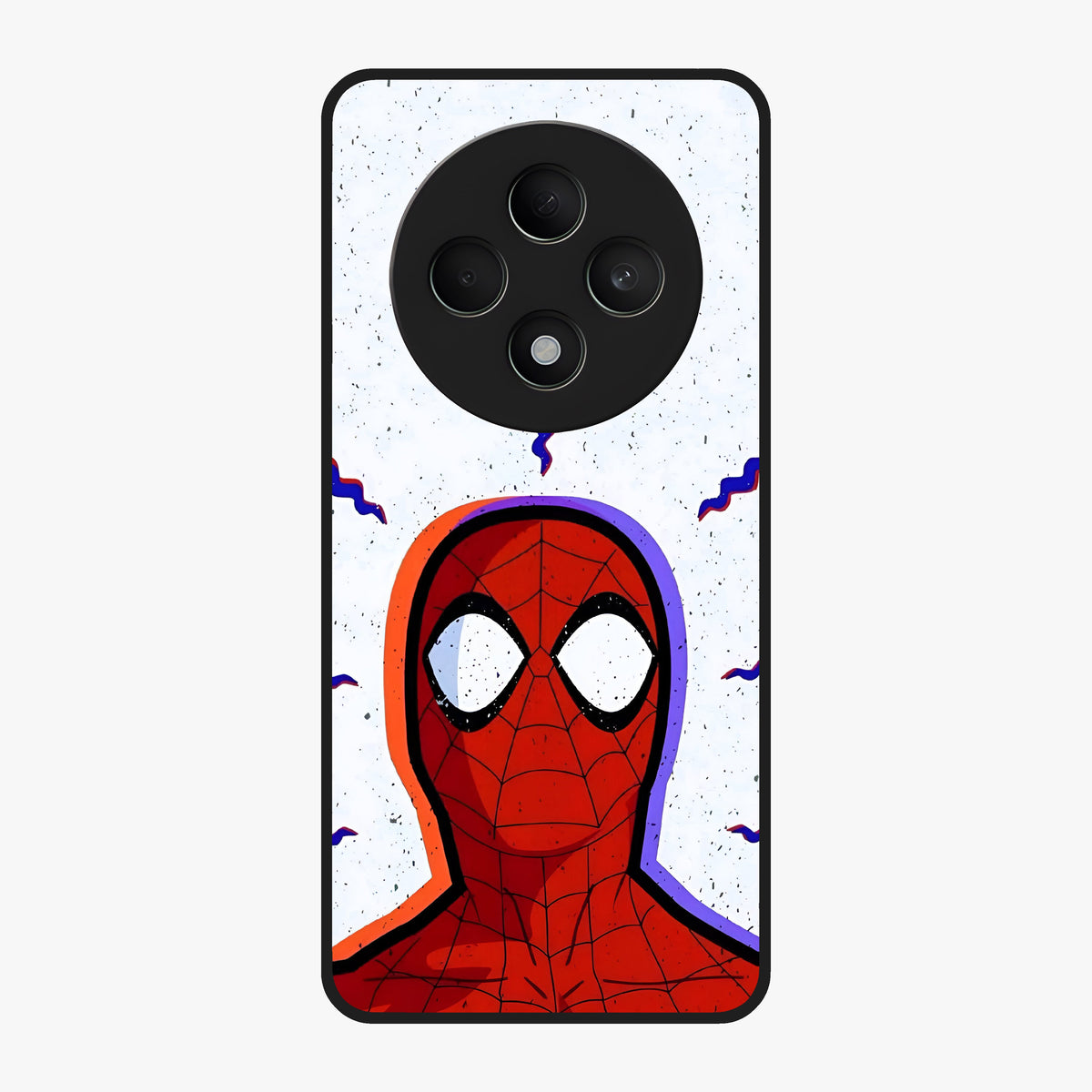 Omg Spiderman Glass Case showing flat back view with bold superhero inspired artwork and glossy glass finish.