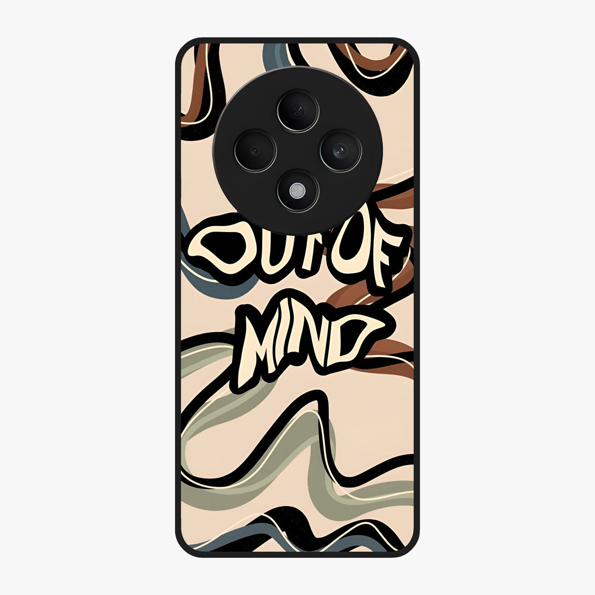Out Of Mind Glass Case showing flat back view with expressive typography artwork and glossy glass finish.