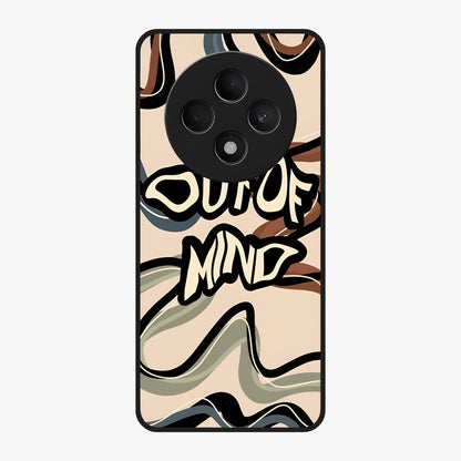Out Of Mind Glass Case showing flat back view with expressive typography artwork and glossy glass finish.