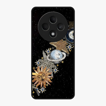 Pearls Universe Object Glass Case showing flat back view with pearl inspired cosmic artwork and glossy glass finish.