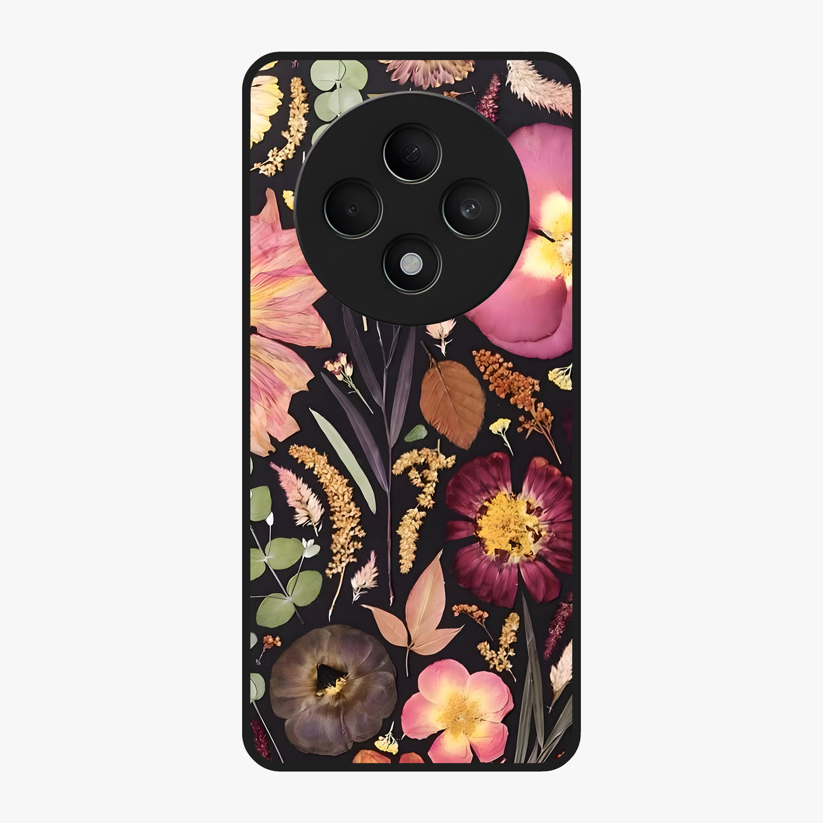 Petal Dream Tapestry Glass Case showing flat back view with intricate floral tapestry artwork and glossy glass finish.