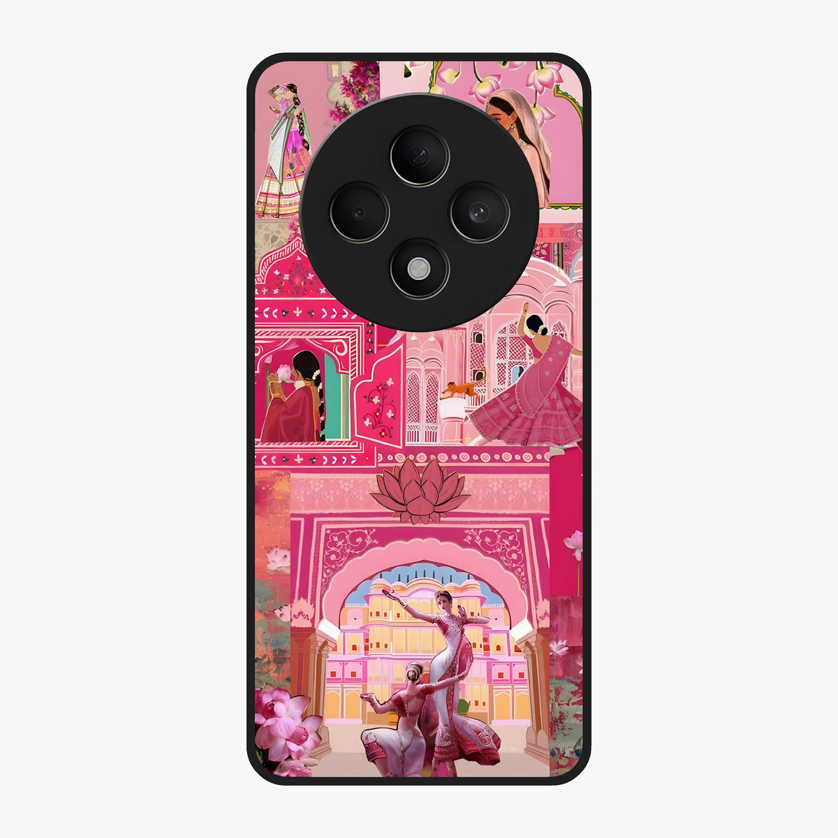 Pink Palace Muse Glass Case showing flat back view with elegant palace inspired artwork and glossy glass finish.