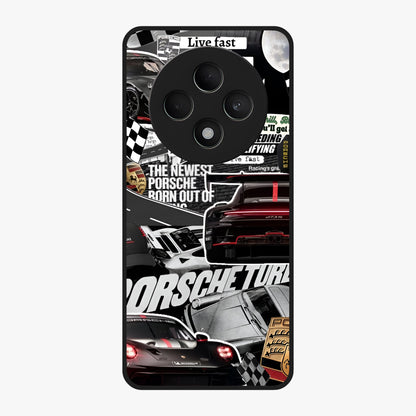 Porsche Racing Collage Glass Case showing flat back view with sports car racing collage artwork and glossy glass finish.