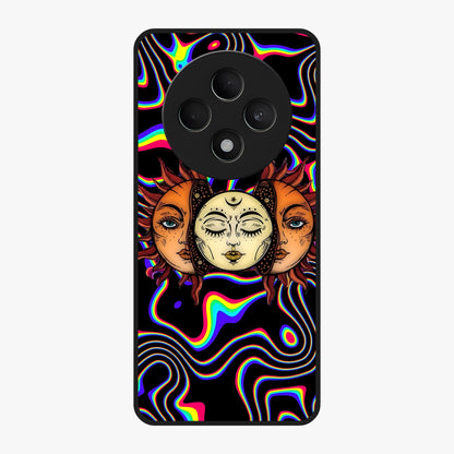 Psychedelic Sun Glass Case showing flat back view with colorful psychedelic sun artwork and glossy glass finish.