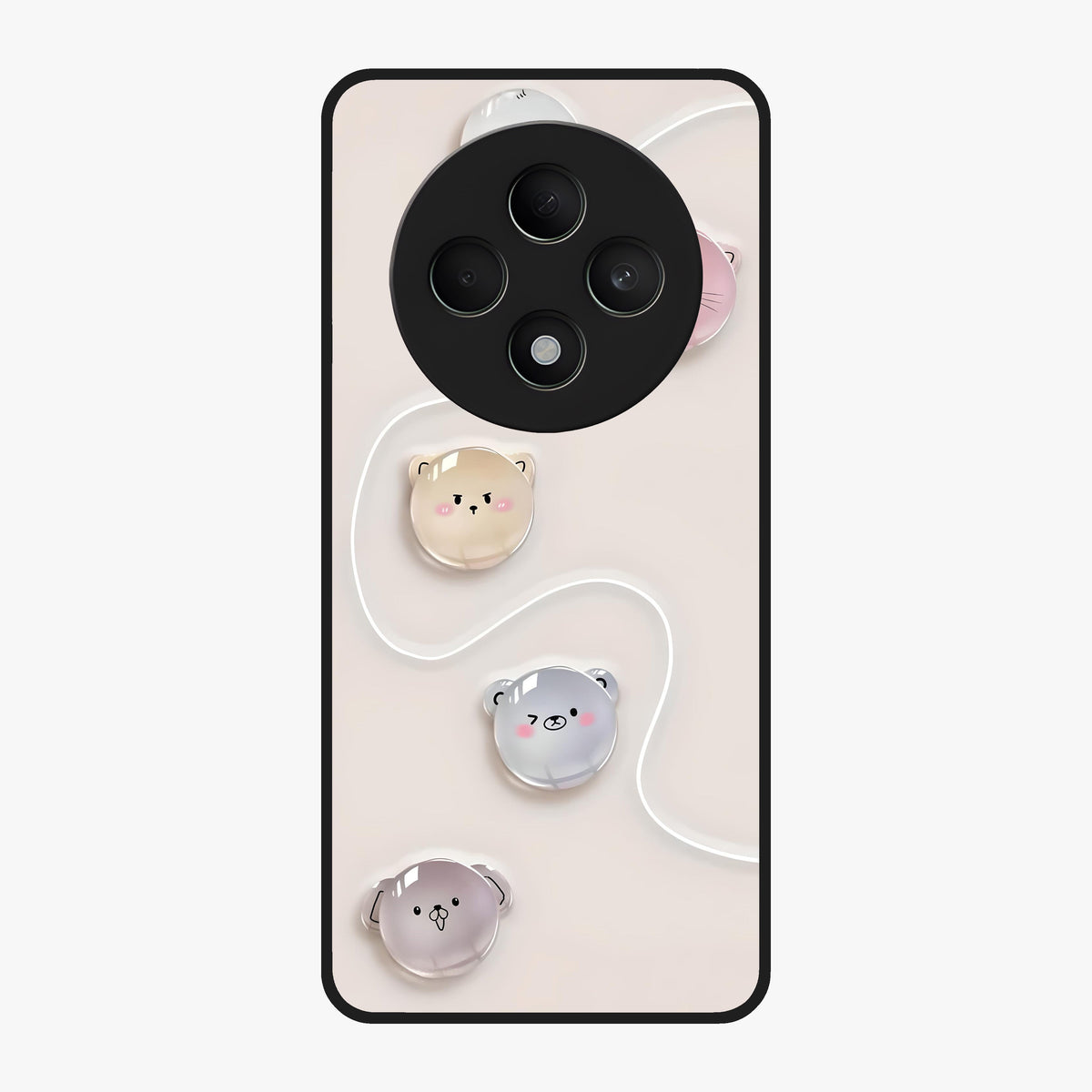 Puffy Face Parade Glass Case showing flat back view with cute puffy character faces artwork and glossy glass finish.