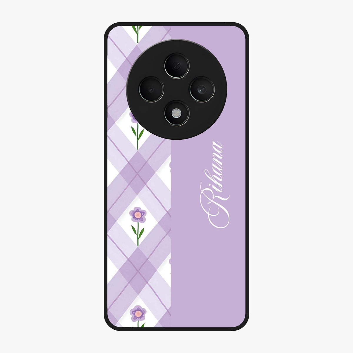 Purple Diamond Floral Glass Case showing flat back view with diamond shaped floral artwork and glossy glass finish.