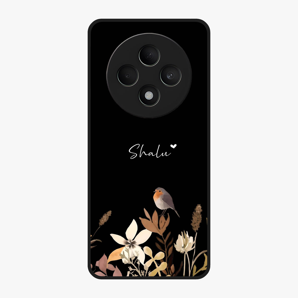 Quiet Garden Tune Custom Name Glass Case showing flat back view with peaceful garden artwork and personalized name design.