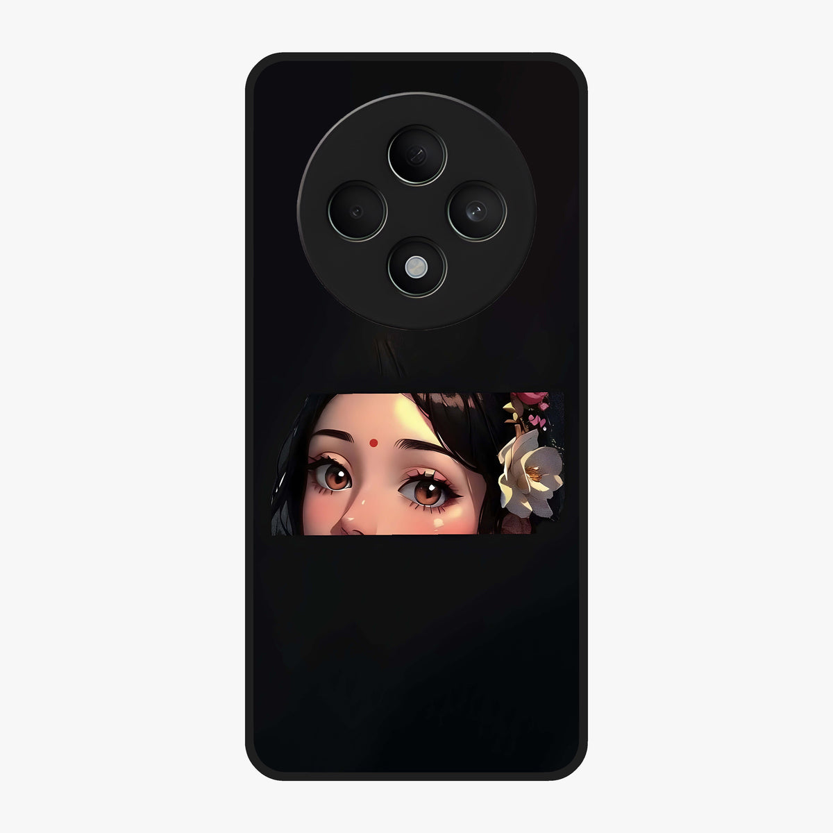 Radha Divine Embrace Glass Case showing flat back view with devotional Radha artwork and glossy glass finish.