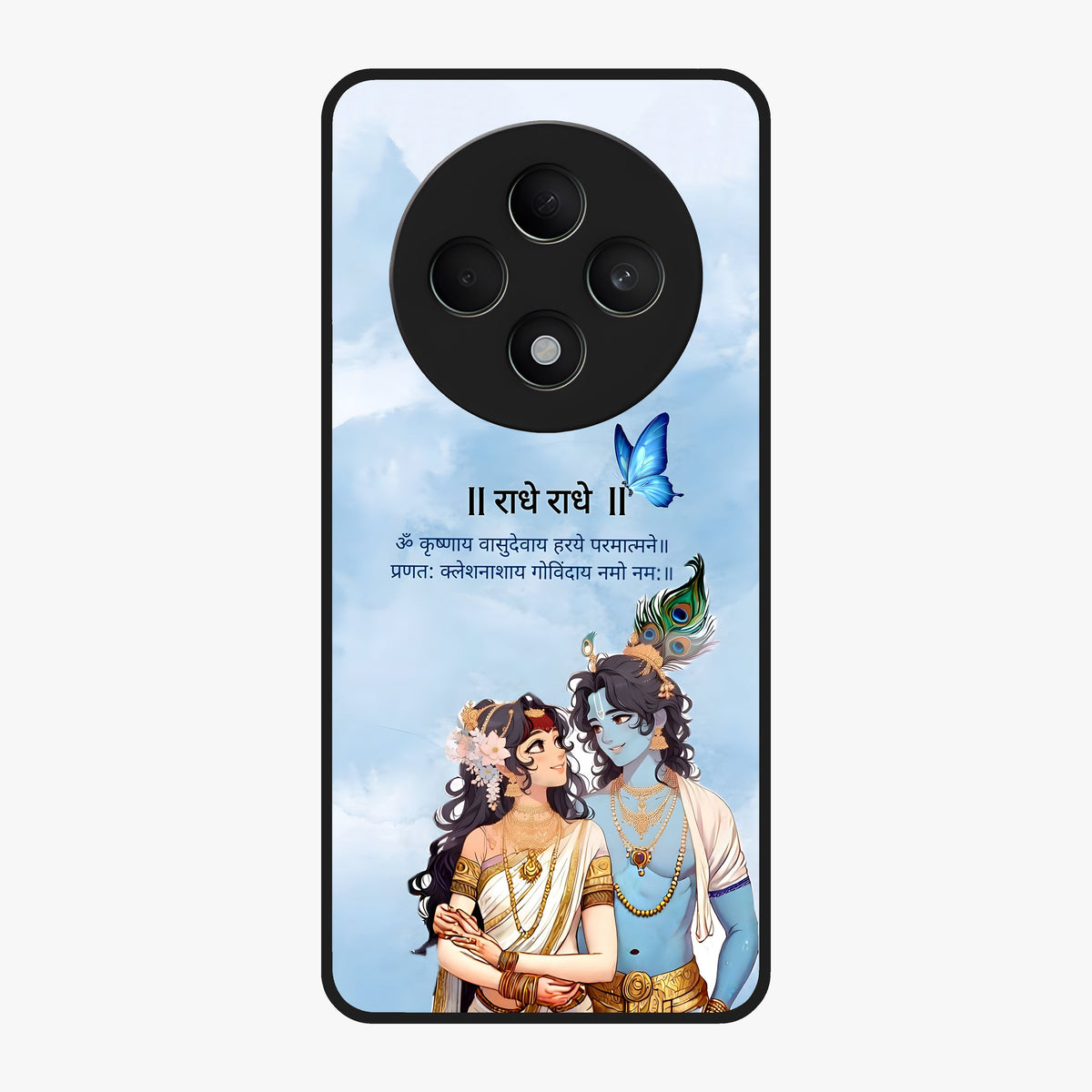 Radha Krishna Eternal Glass Case showing flat back view with Radha Krishna devotional artwork and glossy glass finish.