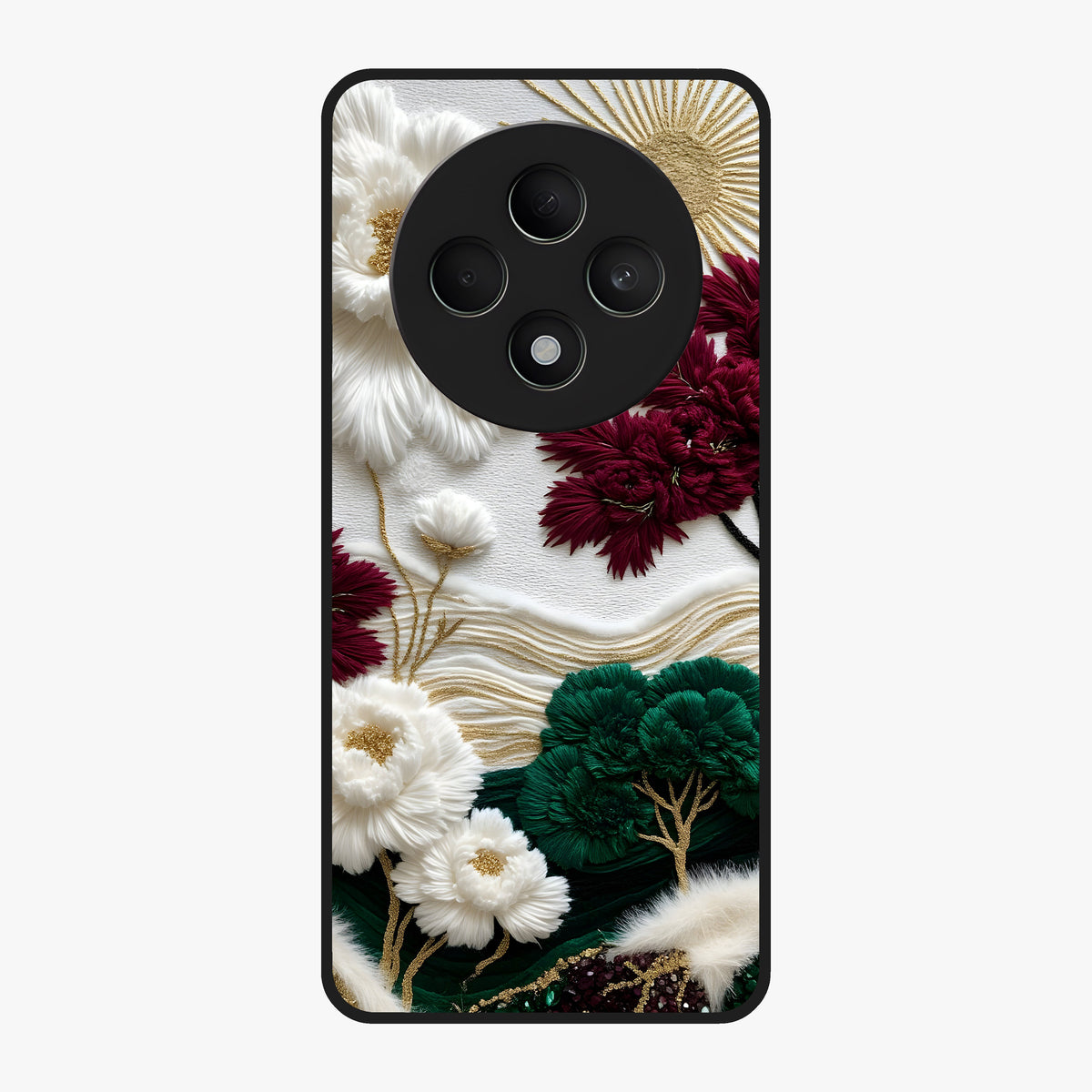 Radiant Bloom Elegance Glass Case showing flat back view with elegant blooming flower artwork and glossy glass finish.