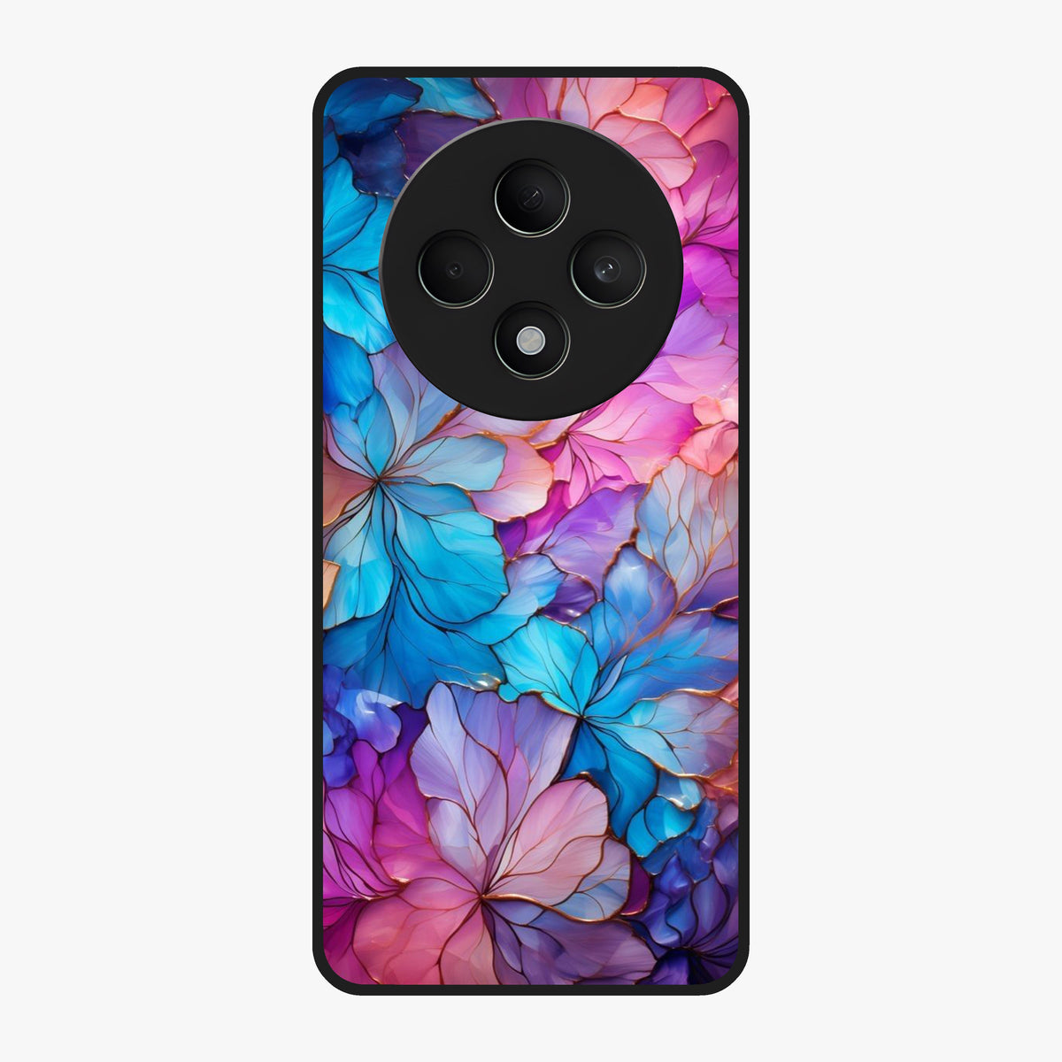 Radiant Floral Whirl Glass Case showing flat back view with swirling floral artwork and glossy glass finish.