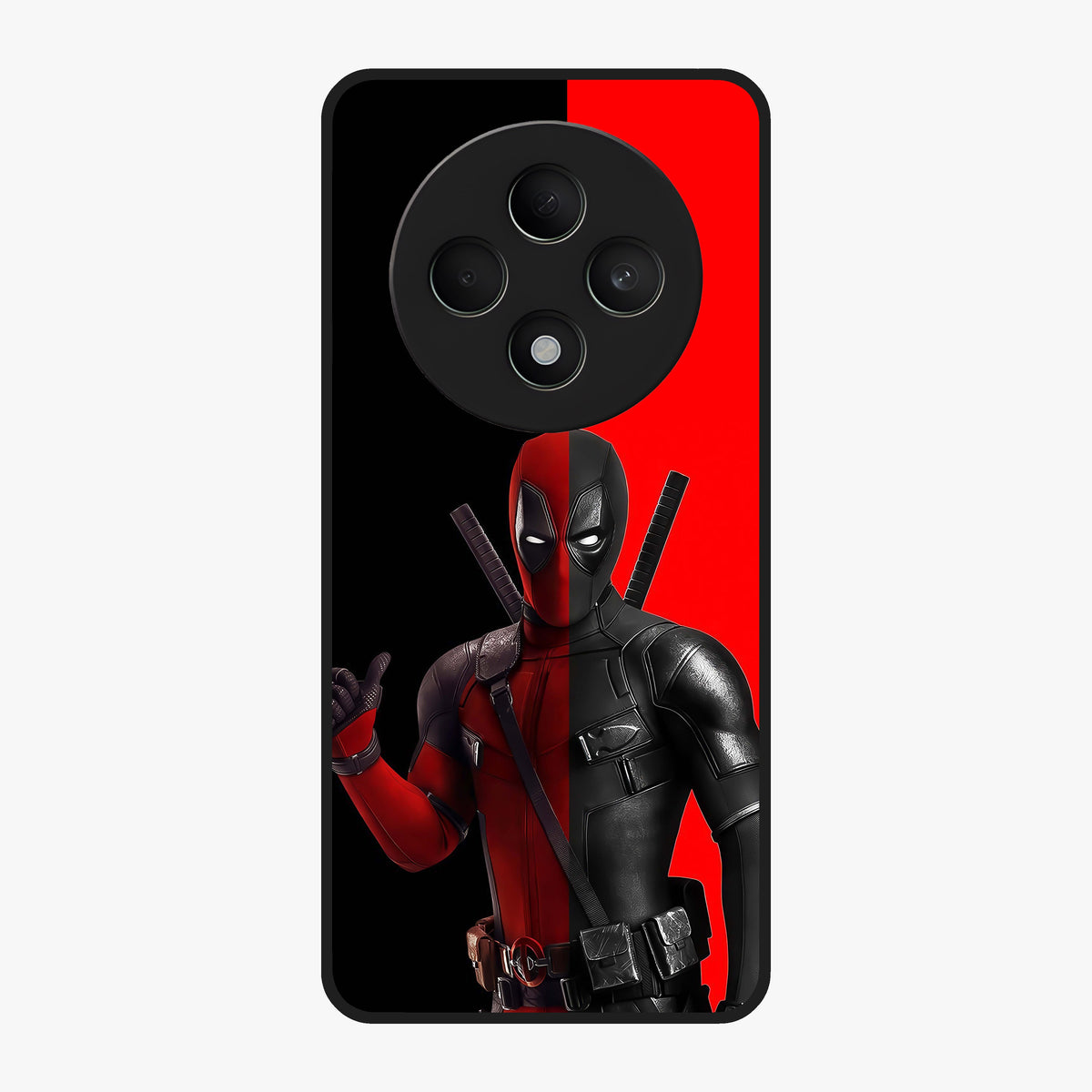 Red & Black Deadpool Theme Glass Case showing flat back view with bold comic inspired artwork and glossy glass finish.