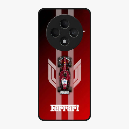 Red Ferrari F1 Vertical Glass Case showing flat back view with sleek Formula racing car artwork and glossy glass finish.