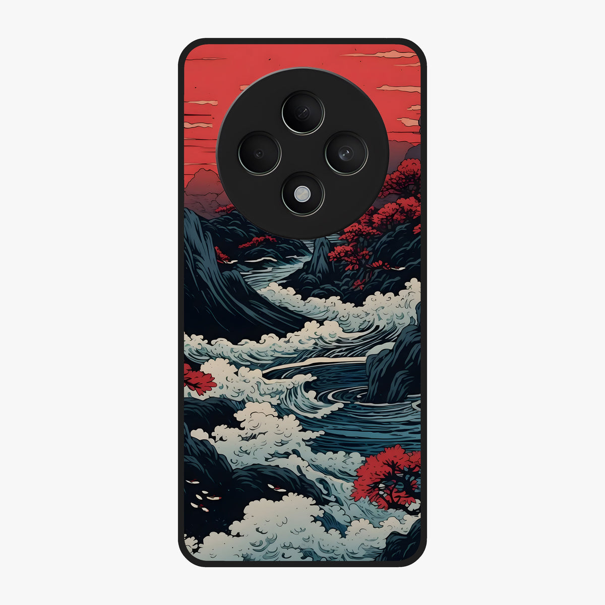 Red Sunset Scenery Glass Case showing flat back view with vibrant sunset landscape artwork and glossy glass finish.