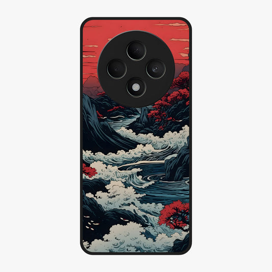 Red Sunset Scenery Glass Case showing flat back view with vibrant sunset landscape artwork and glossy glass finish.