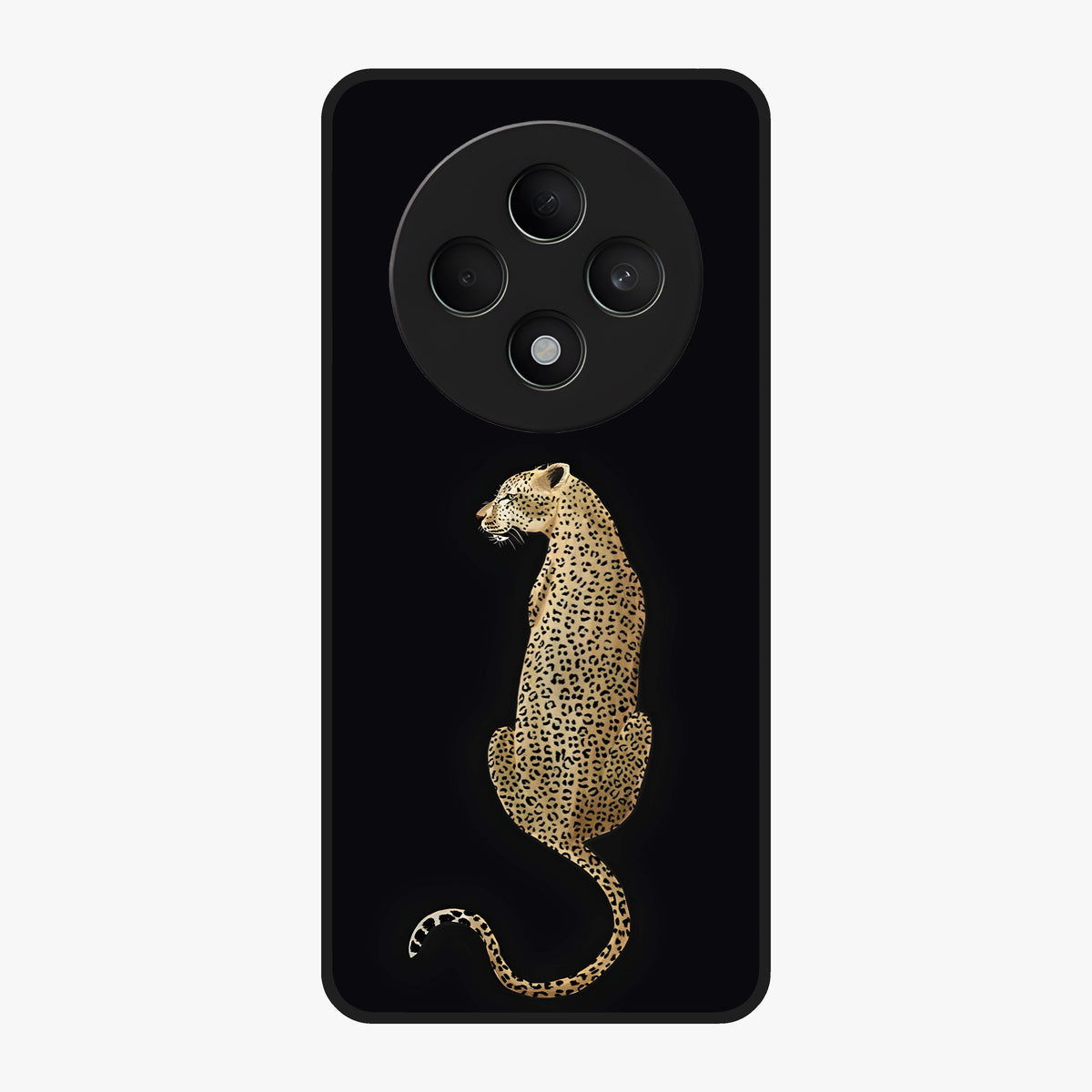 Regal Leopard Glass Case showing flat back view with bold leopard artwork and glossy glass finish.